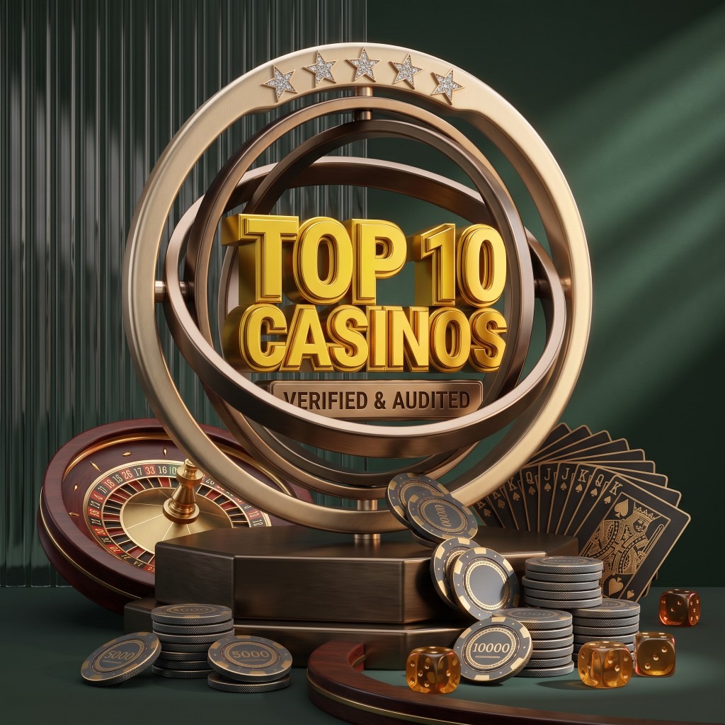 Gold trophy reading Top 10 Casinos, surrounded by a roulette wheel, chips, playing cards and dice